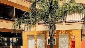 Una piscina con superficie de agua azul cristalina, junto a un edificio de fachada de ladrillo, puertas blancas y una palmera.