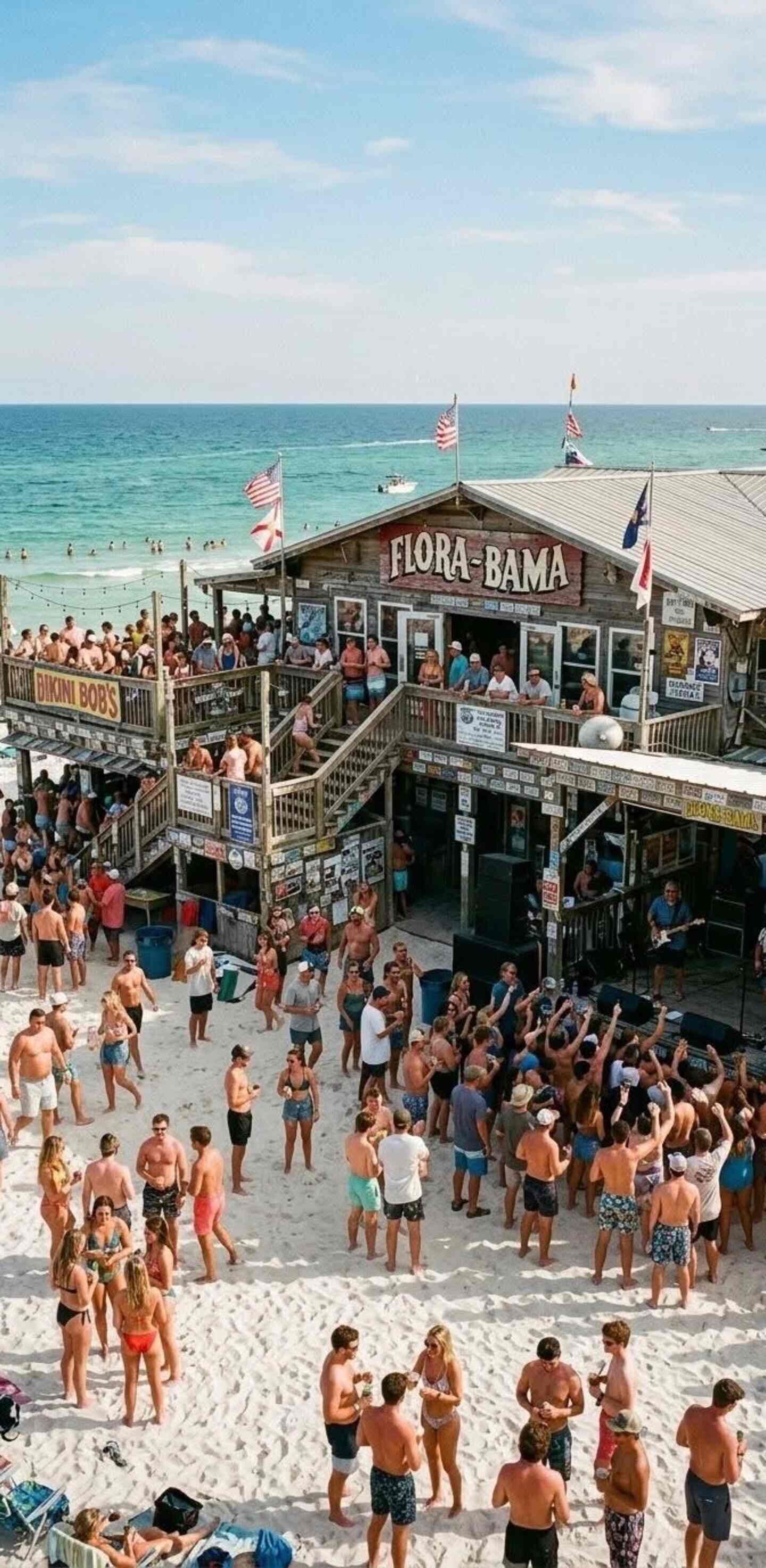 Ein überfüllter Strand mit einem Holzgebäude, auf dem 'FLORA-BAMA' steht, und einem Rettungsturm.