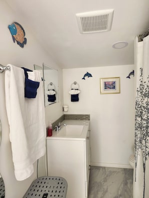 Hair dryer, towels, soap, toilet paper