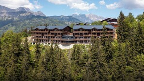 A multi-story wooden lodge with balconies, surrounded by dense forest and mountains in the background.