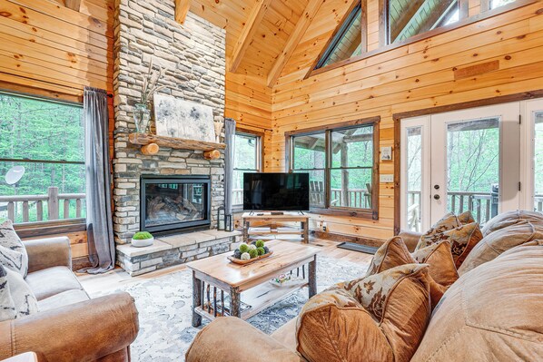 TV, fireplace, books