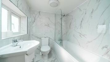 Hair dryer, towels, toilet paper