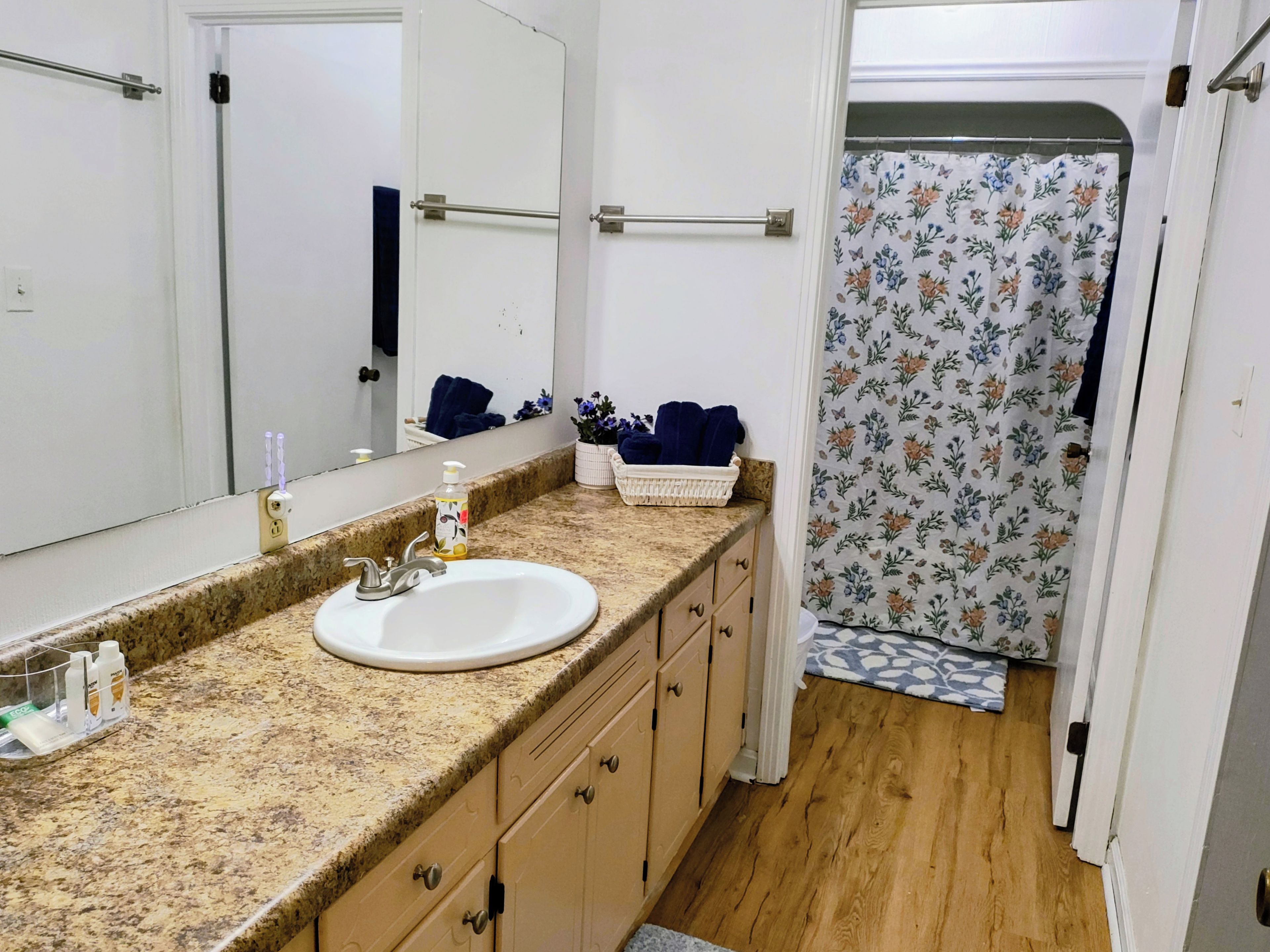 A bathroom with a sink, mirror, towel rack, and shower curtain.