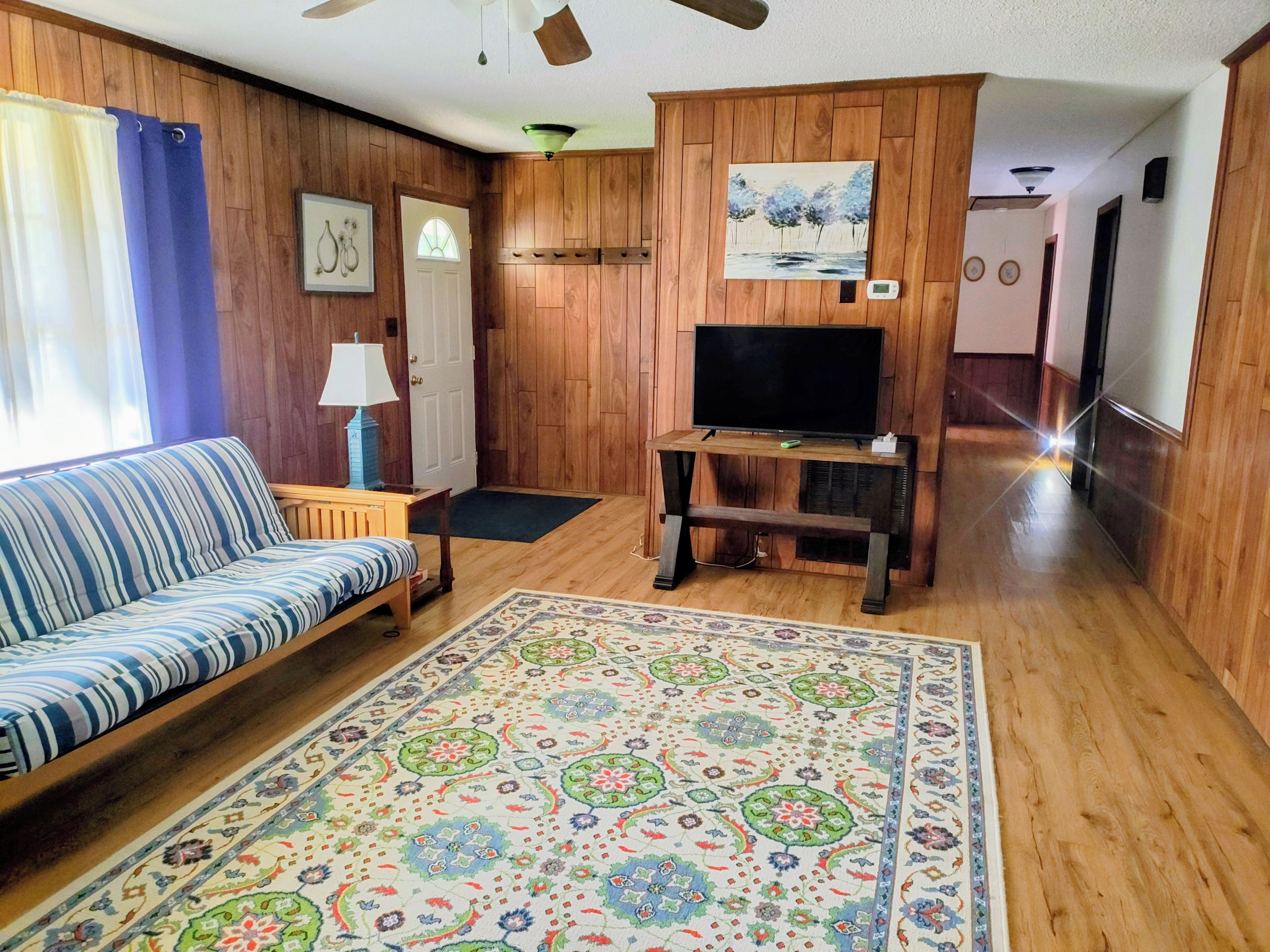 A living room with a sofa, a television on a wooden stand, a patterned rug, and wooden paneling on the walls.