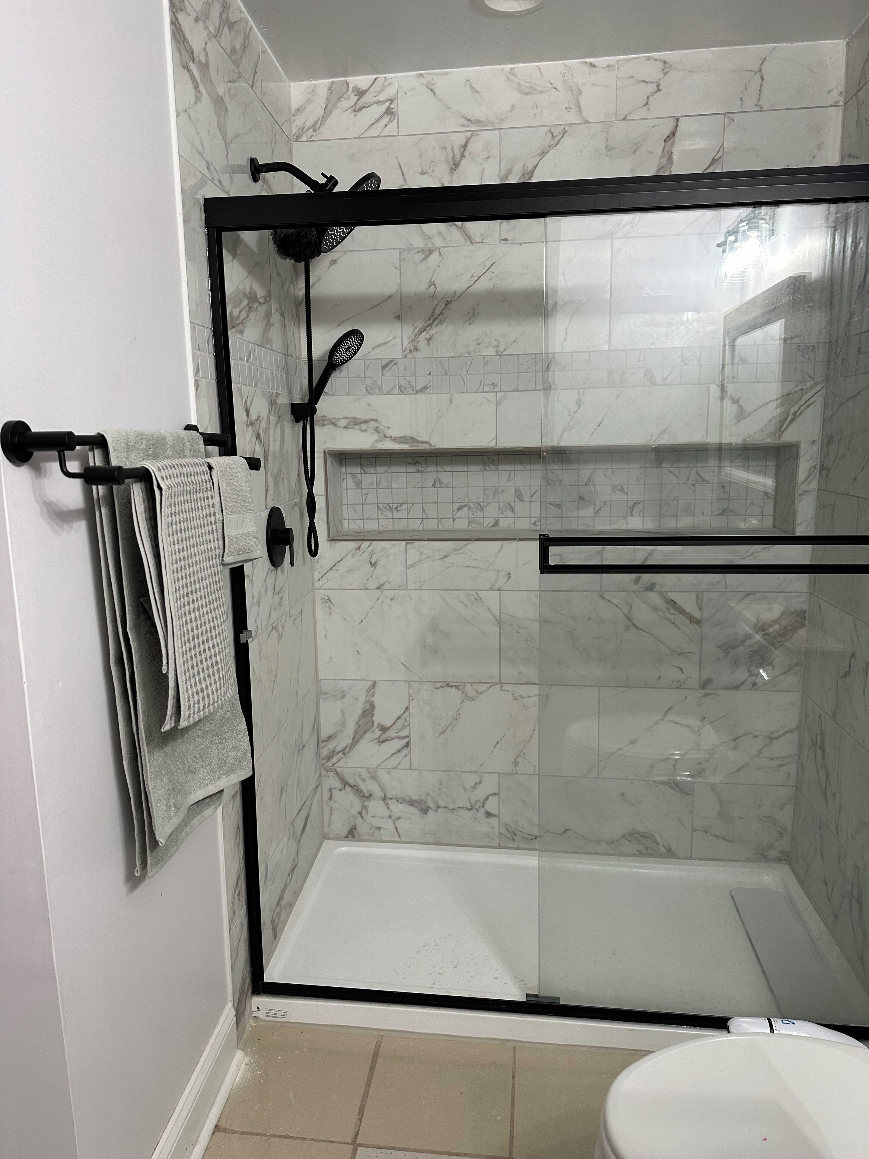 Shower, bidet, towels, soap