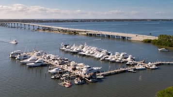 Private Marina View: 75-slip marina docking boats along waterway