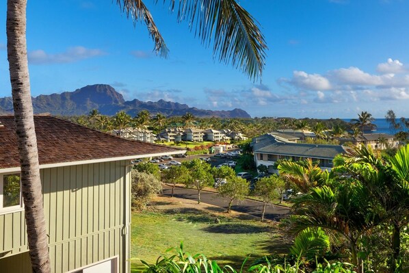 A residential area with houses, a parking lot, and a view of mountains and the ocean.