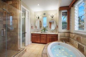 Shower, jetted tub, hair dryer, towels