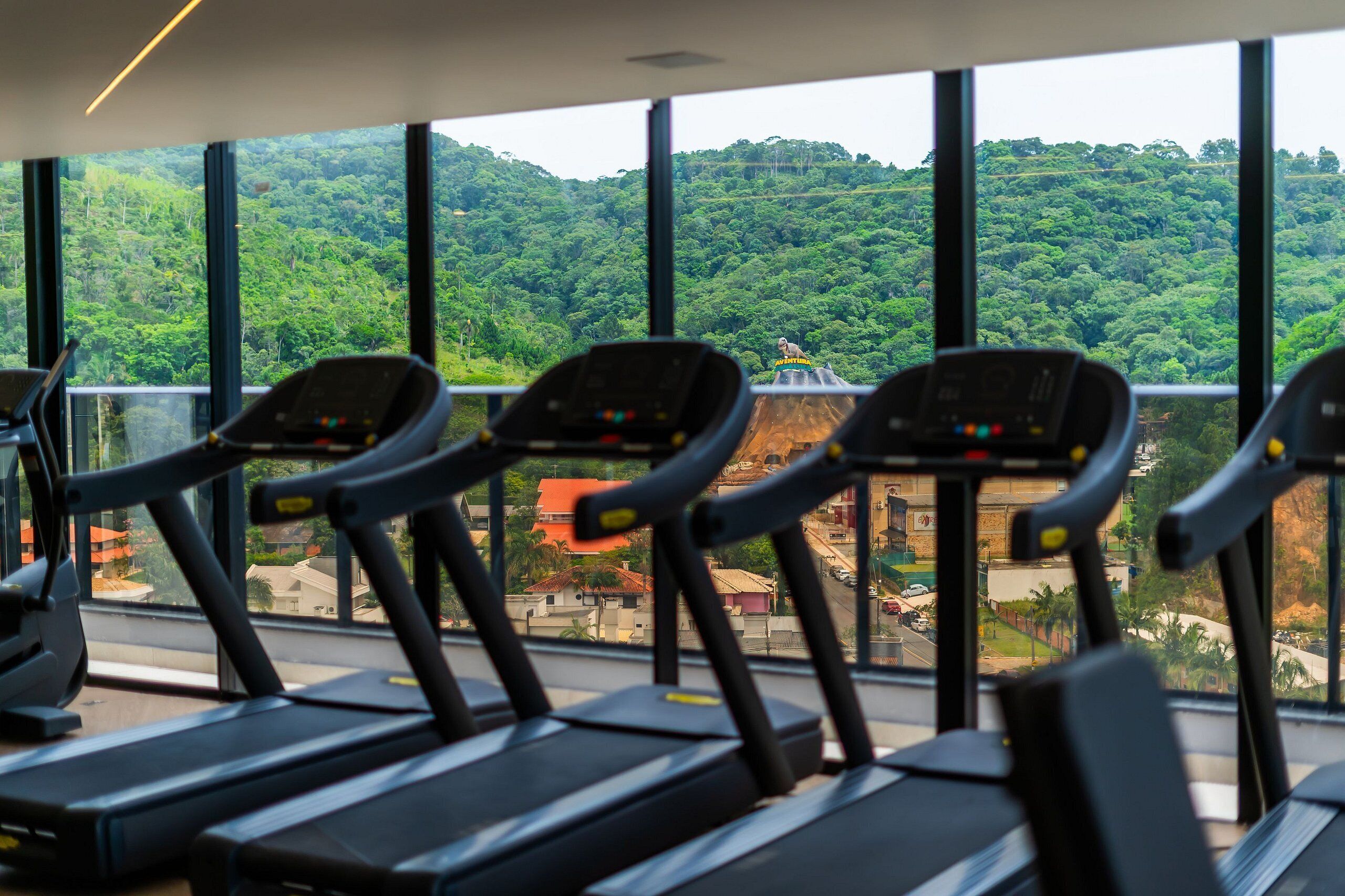 A gym with treadmills and large windows overlooking a forested area.