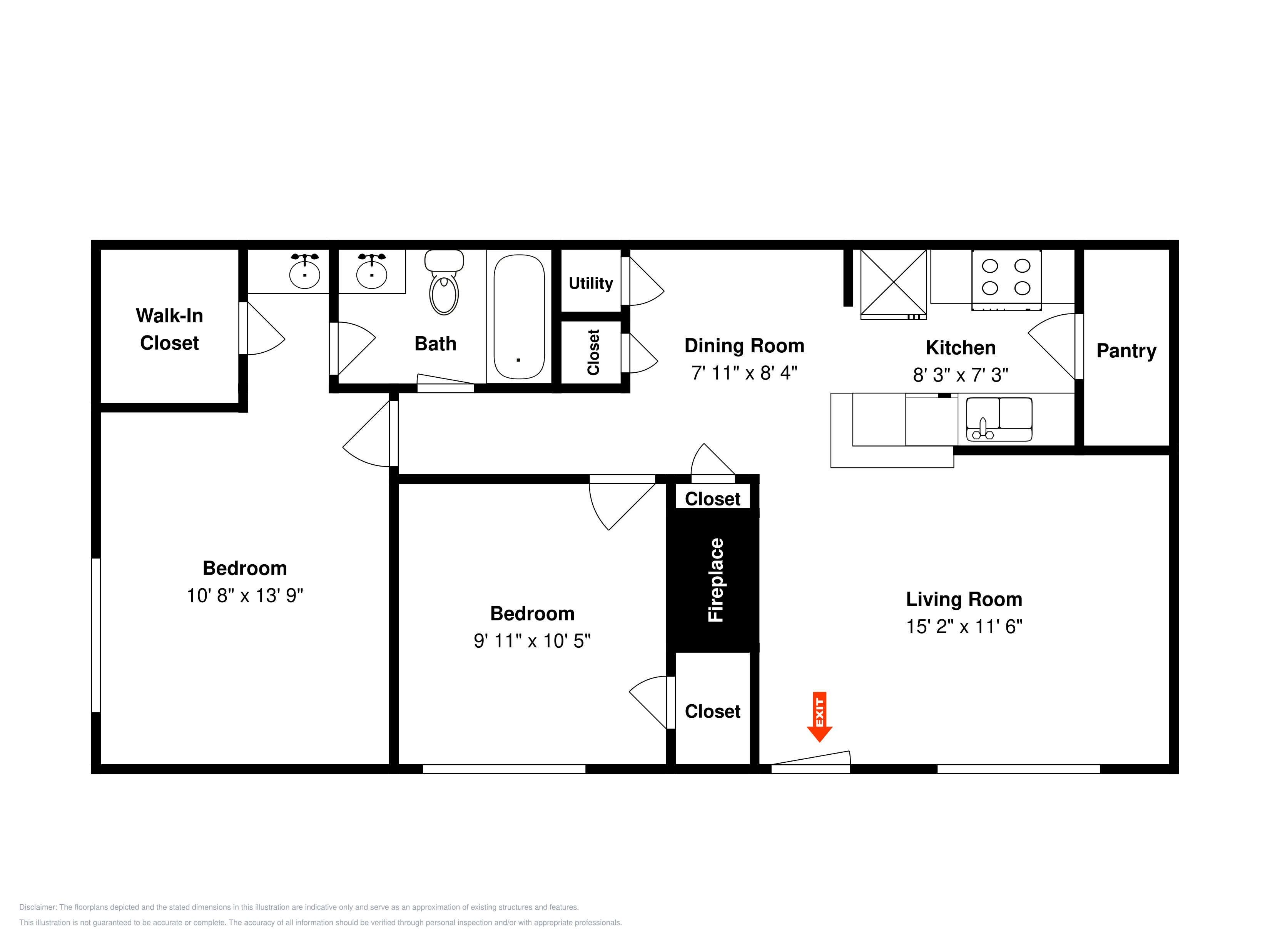 A floor plan of a house with two bedrooms, a dining room, kitchen, bathroom, and a living room.