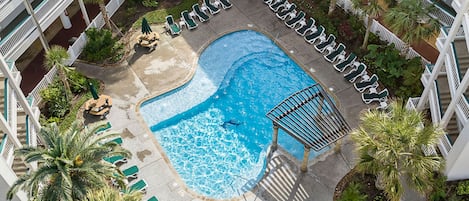 A rooftop pool surrounded by lounge chairs and palm trees, with a view of the hotel building.