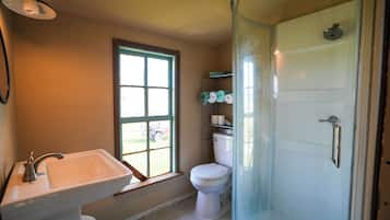 Shower, towels, soap, toilet paper