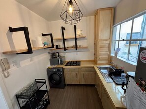 Fridge, microwave, stovetop, coffee/tea maker
