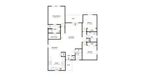 A floor plan with a primary bedroom, patio, dining room, kitchen, living room, two bedrooms, two bathrooms, and a foyer. - Sorry Charlie's by Miss Kitty’s (Rockport)