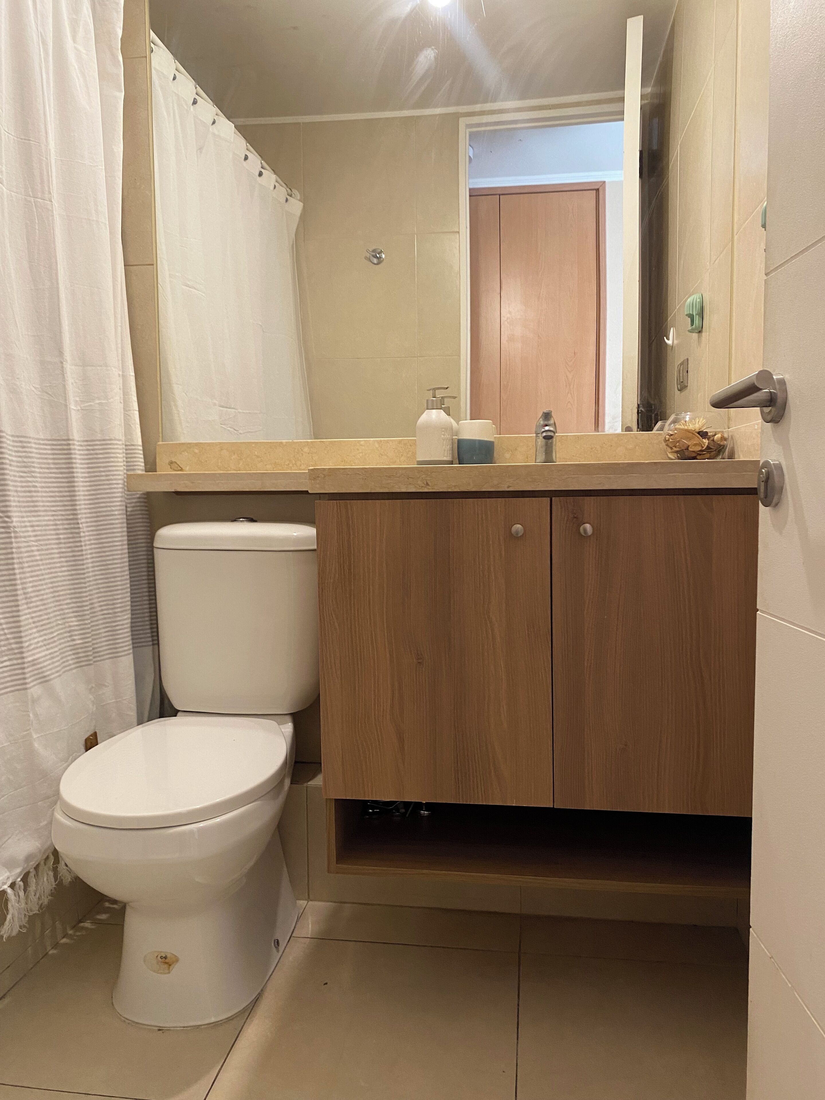 A bathroom with a white toilet, wooden vanity, and a mirror above the sink.