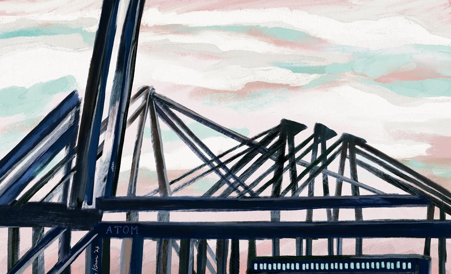 Pintura de un puente con un letrero que dice "ATOM".