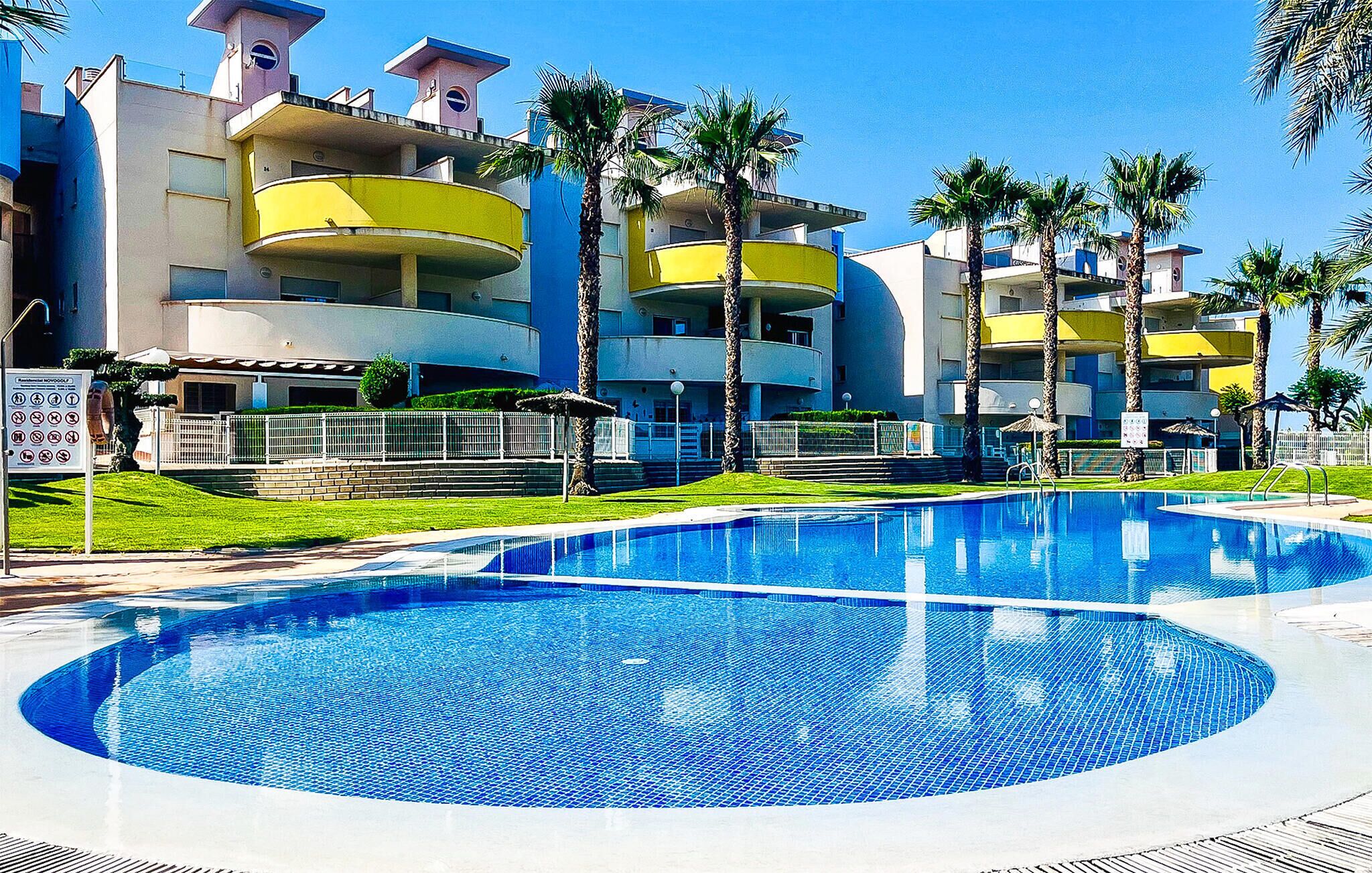 Una piscina de diseño circular, rodeada por un césped cuidado y palmeras.