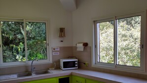 Une cuisine avec des meubles de couleur verte, un four à micro-ondes, un évier et deux fenêtres donnant sur un paysage verdoyant.