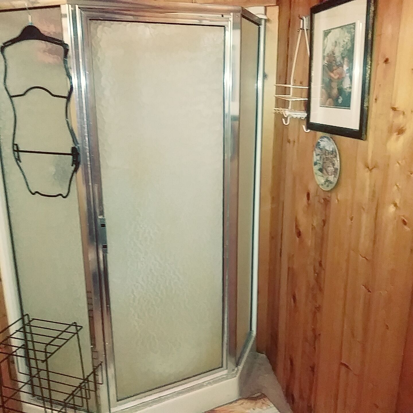 A bathroom with a glass shower enclosure, wooden walls, and a framed picture on the wall.