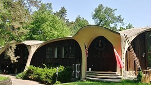 A building with a unique curved roof structure, a front entrance with steps, and an American flag.