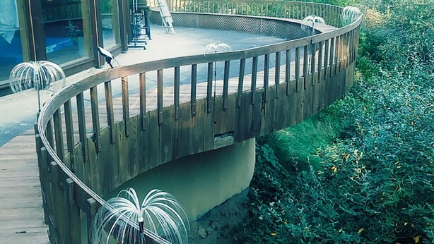 A curved wooden deck with a railing, surrounded by dense greenery.