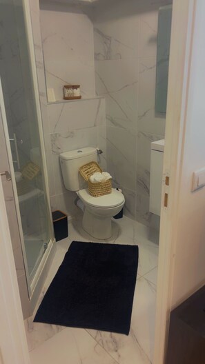 Hair dryer, towels, soap, toilet paper