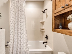 Hair dryer, towels, soap, shampoo