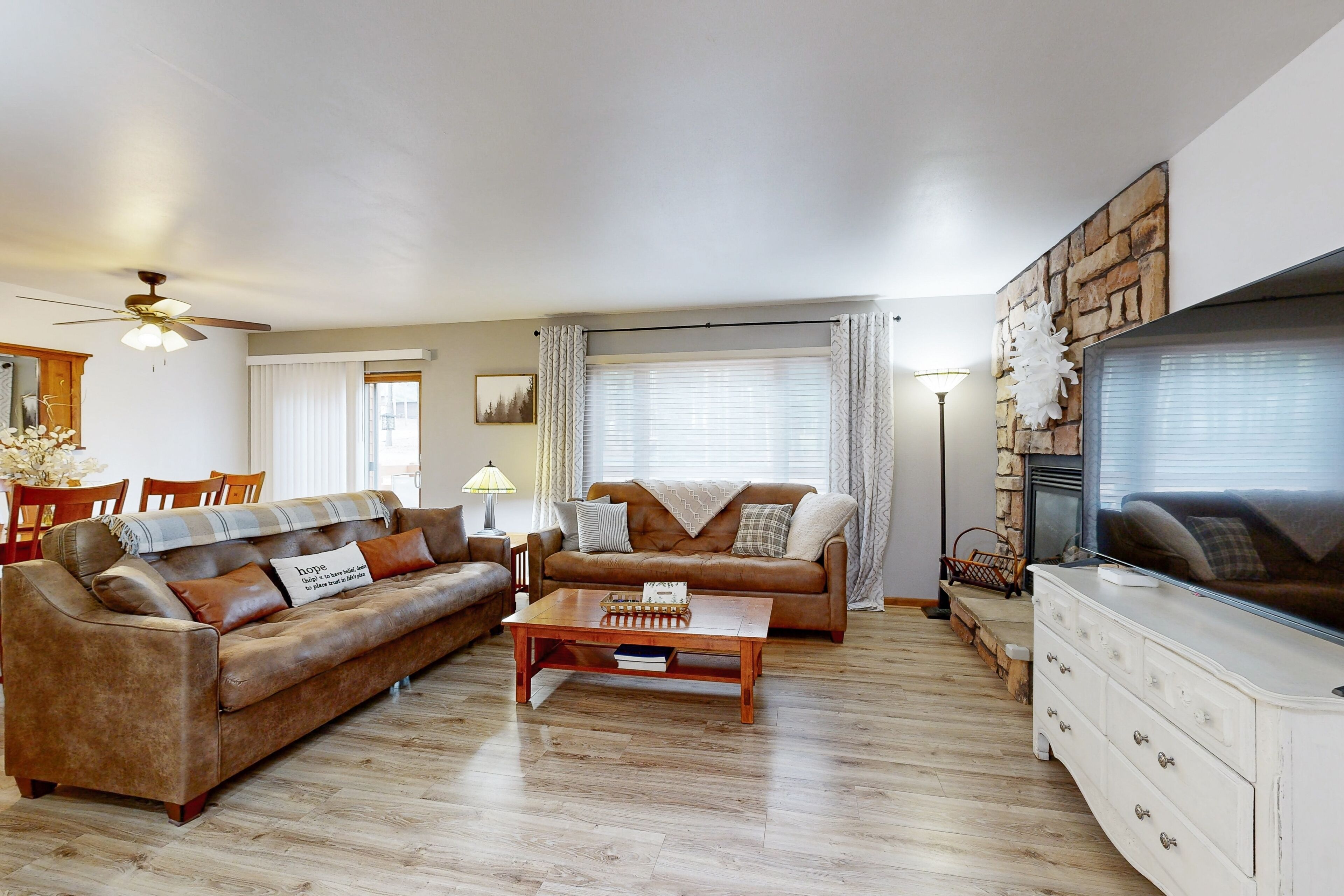 Télévision, cheminée, lecteur de DVD