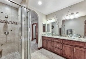 Jetted bath, hair dryer, towels, soap
