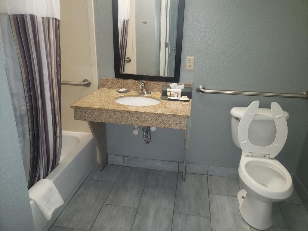 A bathroom with a granite countertop sink, a mirror, a toilet, and a shower curtain.