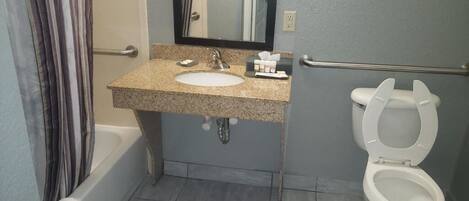 A bathroom with a granite countertop sink, a mirror, a toilet, and a shower curtain.