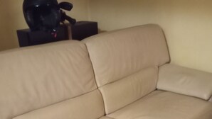 Un canapé en cuir beige, posé sur un plancher en bois.