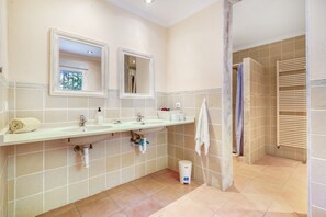 Shower, free toiletries, hair dryer, towels