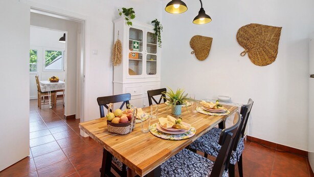 A dining area with a wooden table, chairs, and a cabinet with plants.