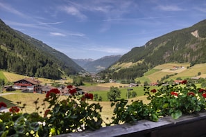 A mountainous landscape with houses and a view of a valley.