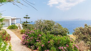 A coastal property with a pathway leading to a white building, surrounded by lush greenery and a view of the sea. - Country House 'Allegro' with Sea View, Wi-Fi and Air Conditioning (Tinos)