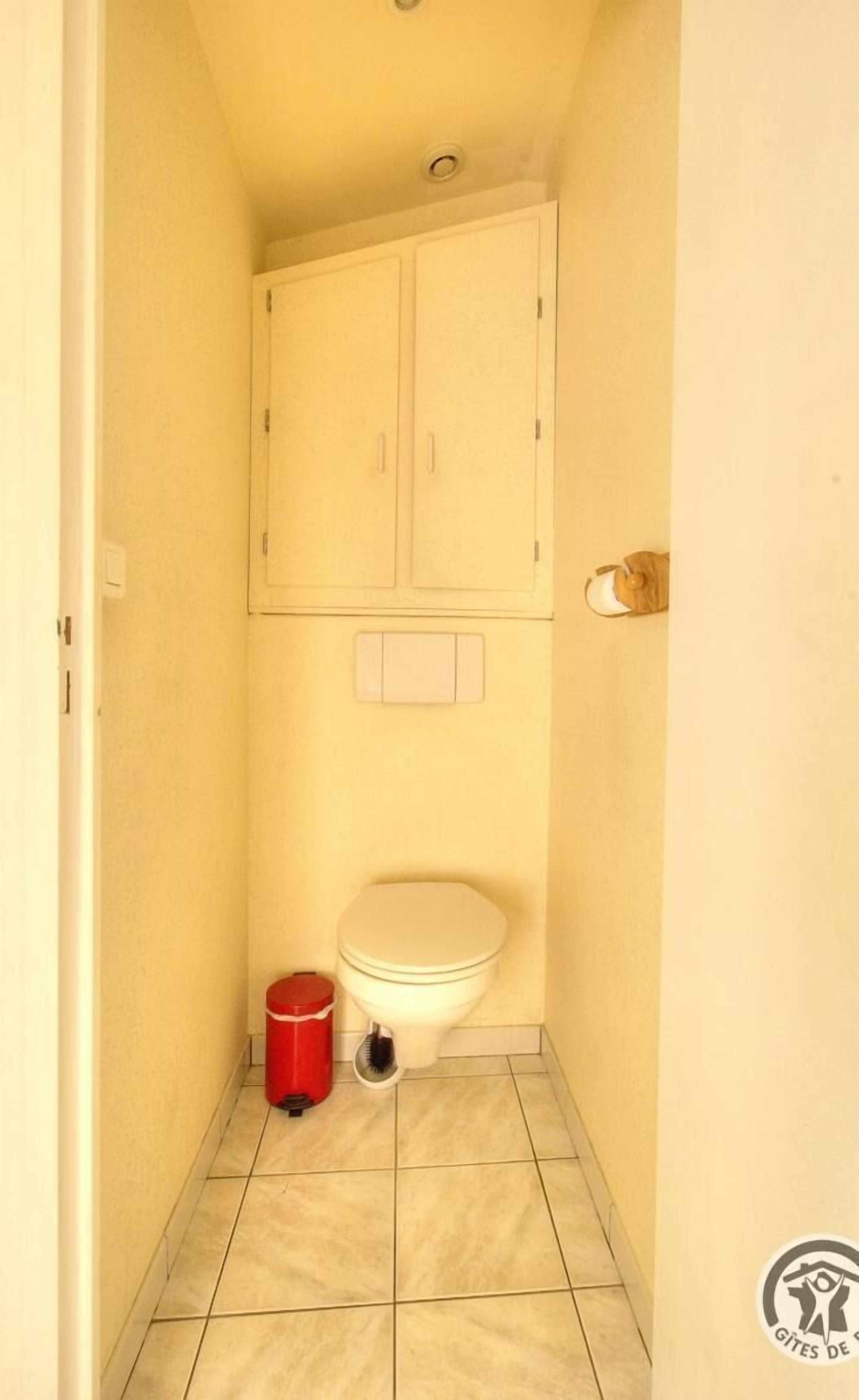 A small, narrow bathroom with a toilet, a red trash bin, and a cabinet above the toilet.