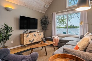 Smart TV, chimenea, libros y estéreo 