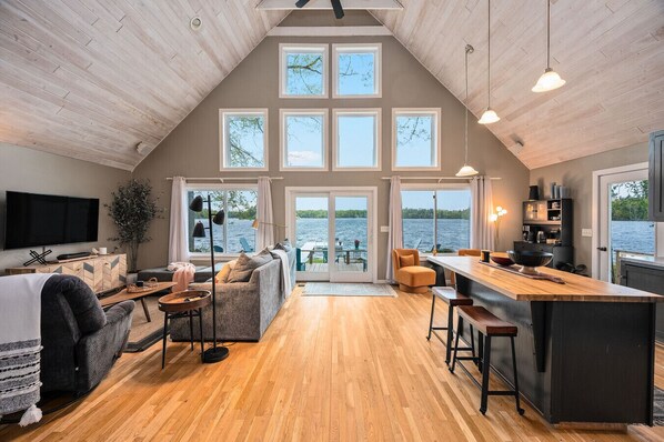 TV connectée, cheminée, livres, chaîne hi-fi