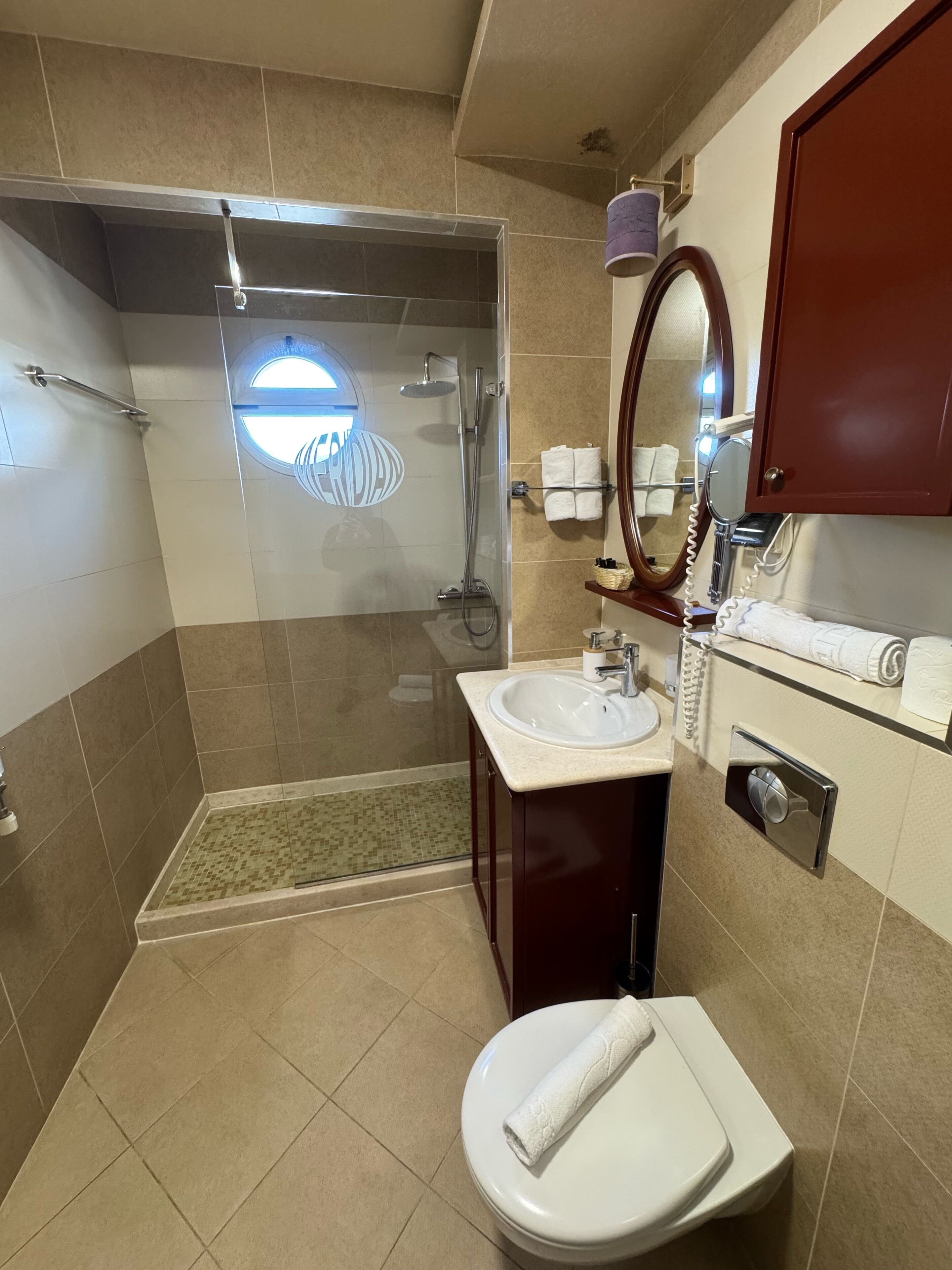 Un baño moderno con ducha envuelta en vidrio, un lavabo blanco, un inodoro y un mueble de tocador de madera con espejo.