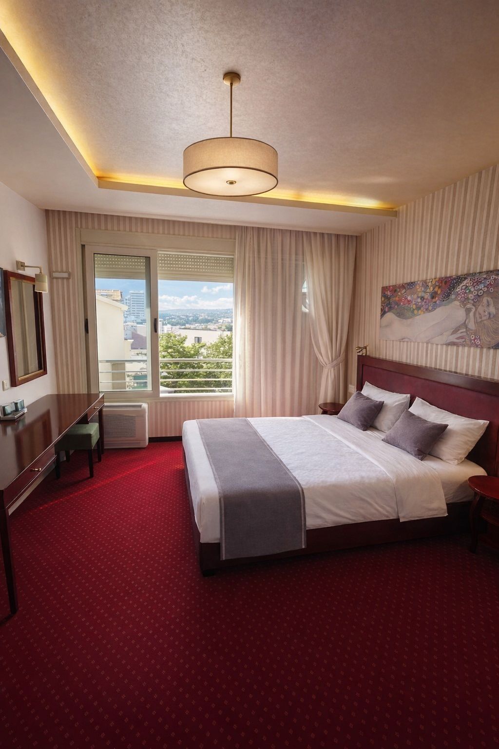 Premium bedding, desk, laptop workspace, soundproofing