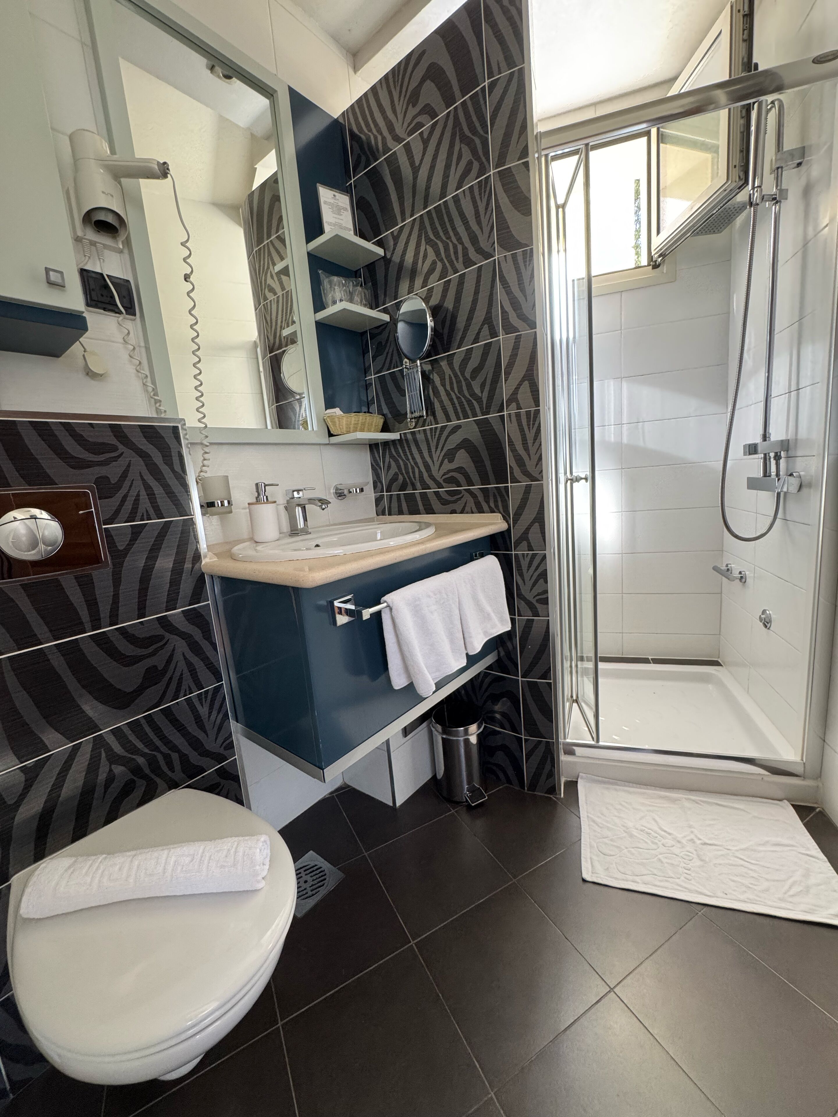A modern bathroom with a shower, toilet, and sink.