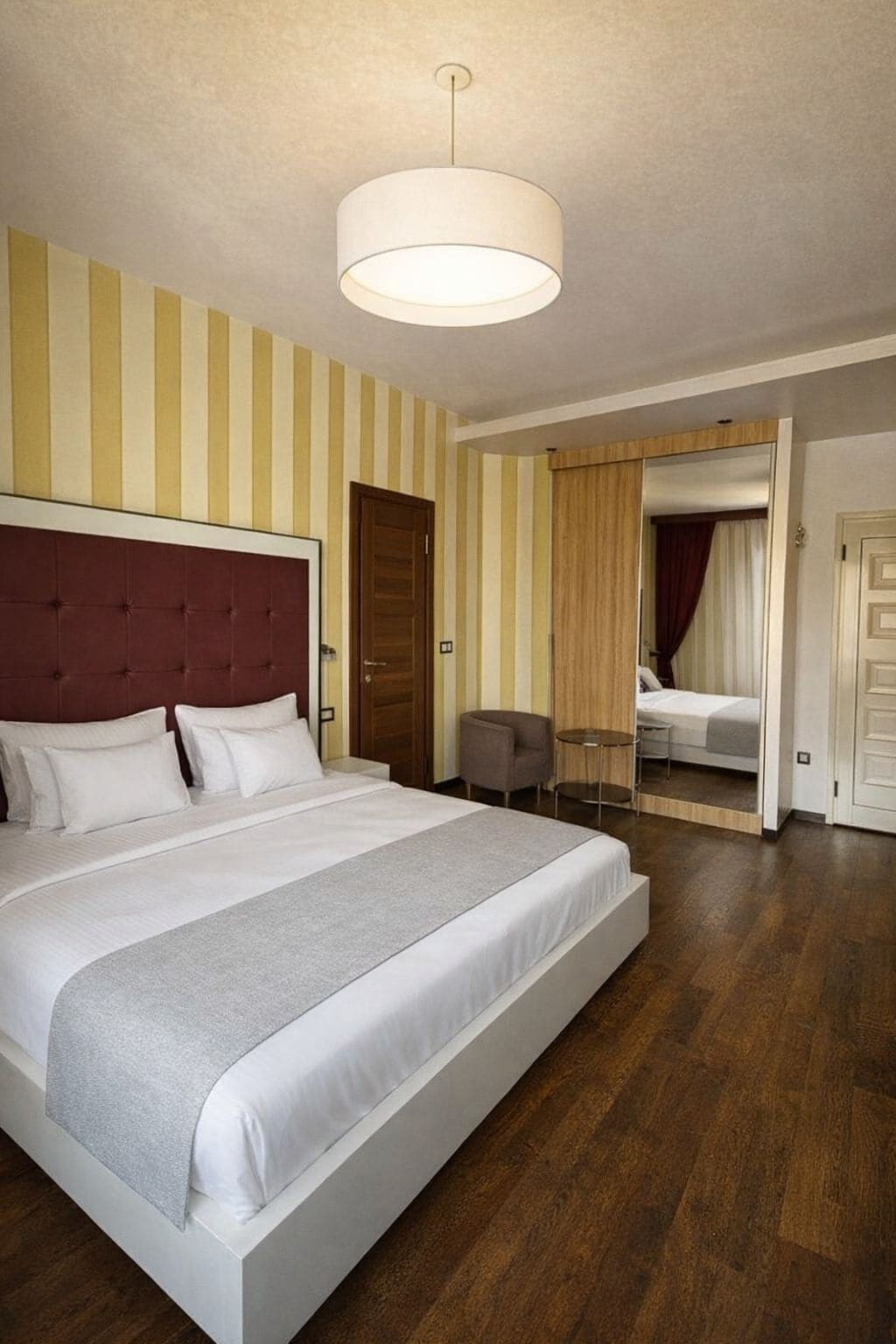 Premium bedding, desk, laptop workspace, soundproofing