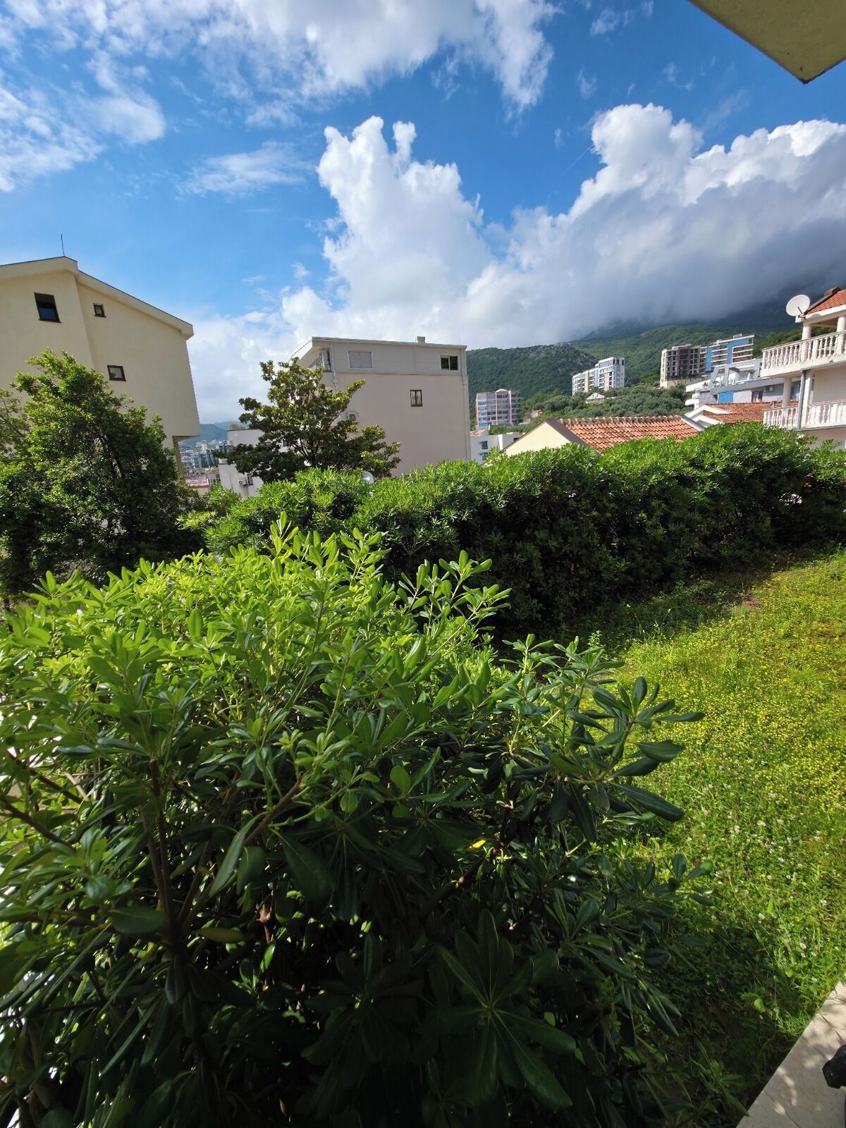 A residential area with buildings, greenery, and a clear sky.