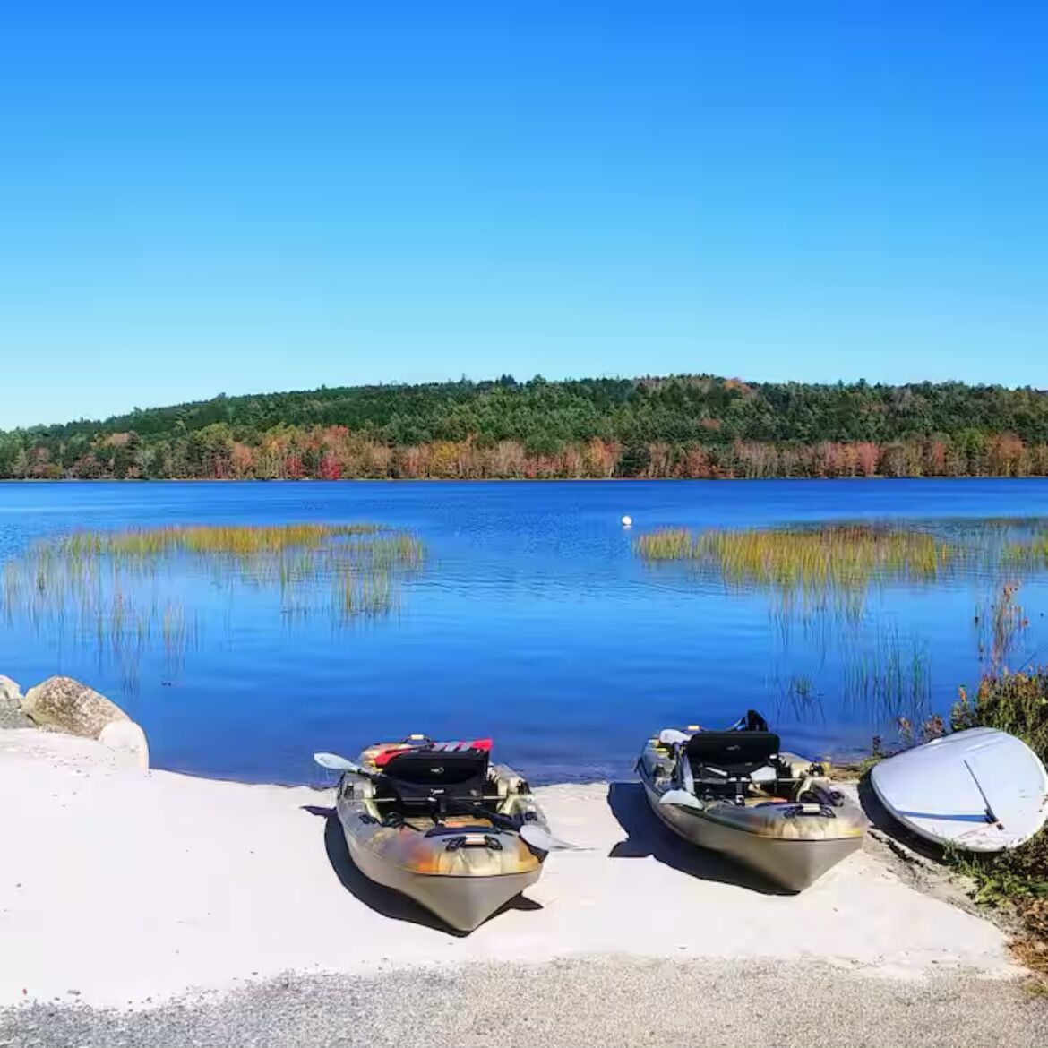 Two kayaks on a concrete ledge by a calm lake with a forested shoreline.