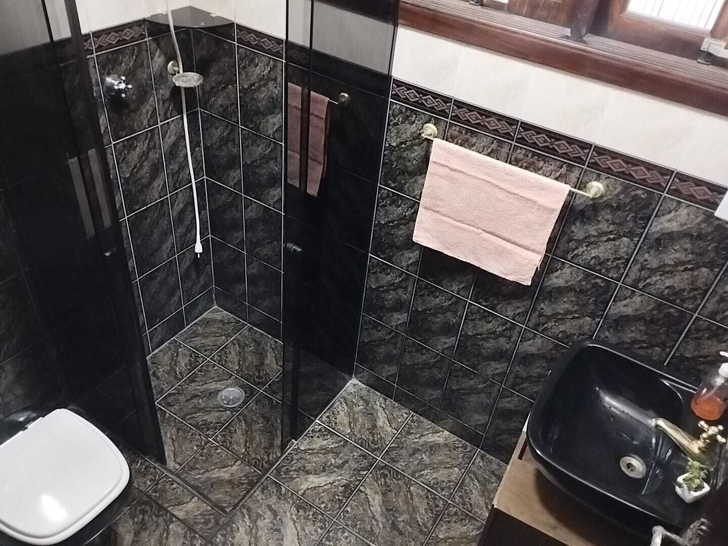 Chuveiro, secador de cabelo, toalhas de banho, sabonete