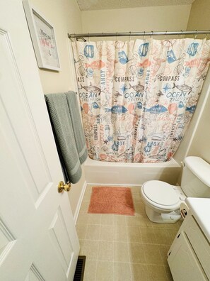 Secadora de cabello, toallas, jabón, papel de baño 