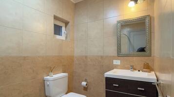 Secadora de cabello, toallas, papel de baño