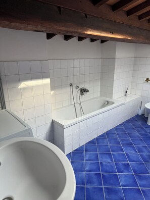 Hair dryer, bidet, towels, soap