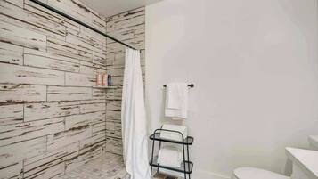 Shower, hair dryer, shampoo